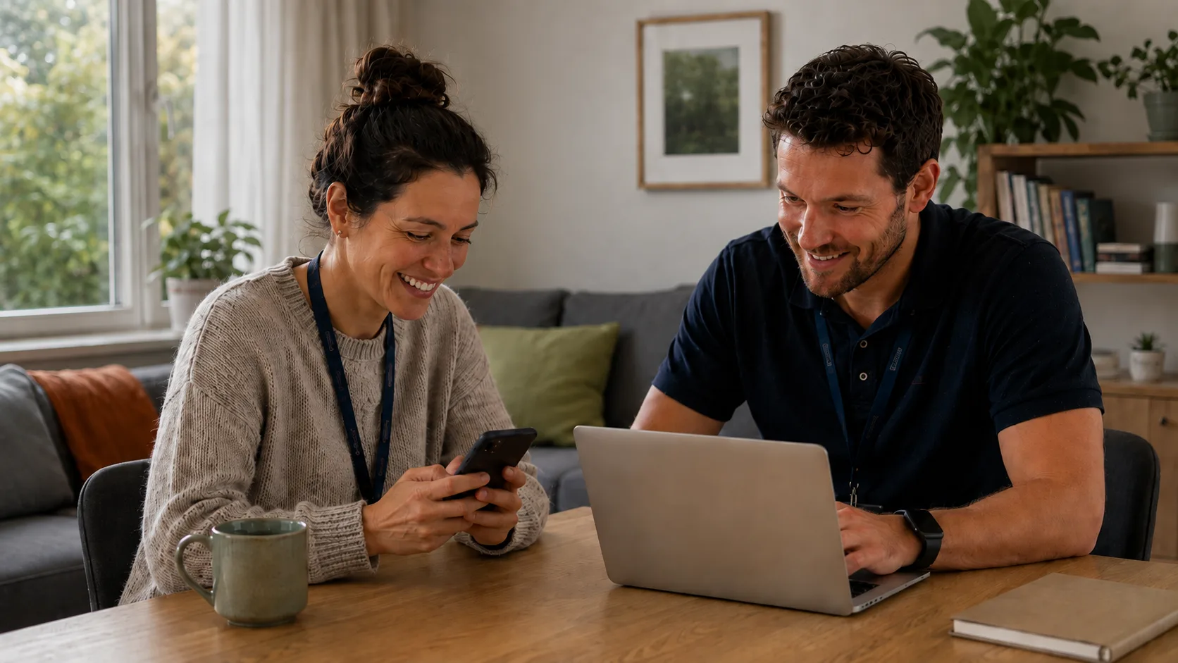 Care staff reviewing records together on a phone and laptop