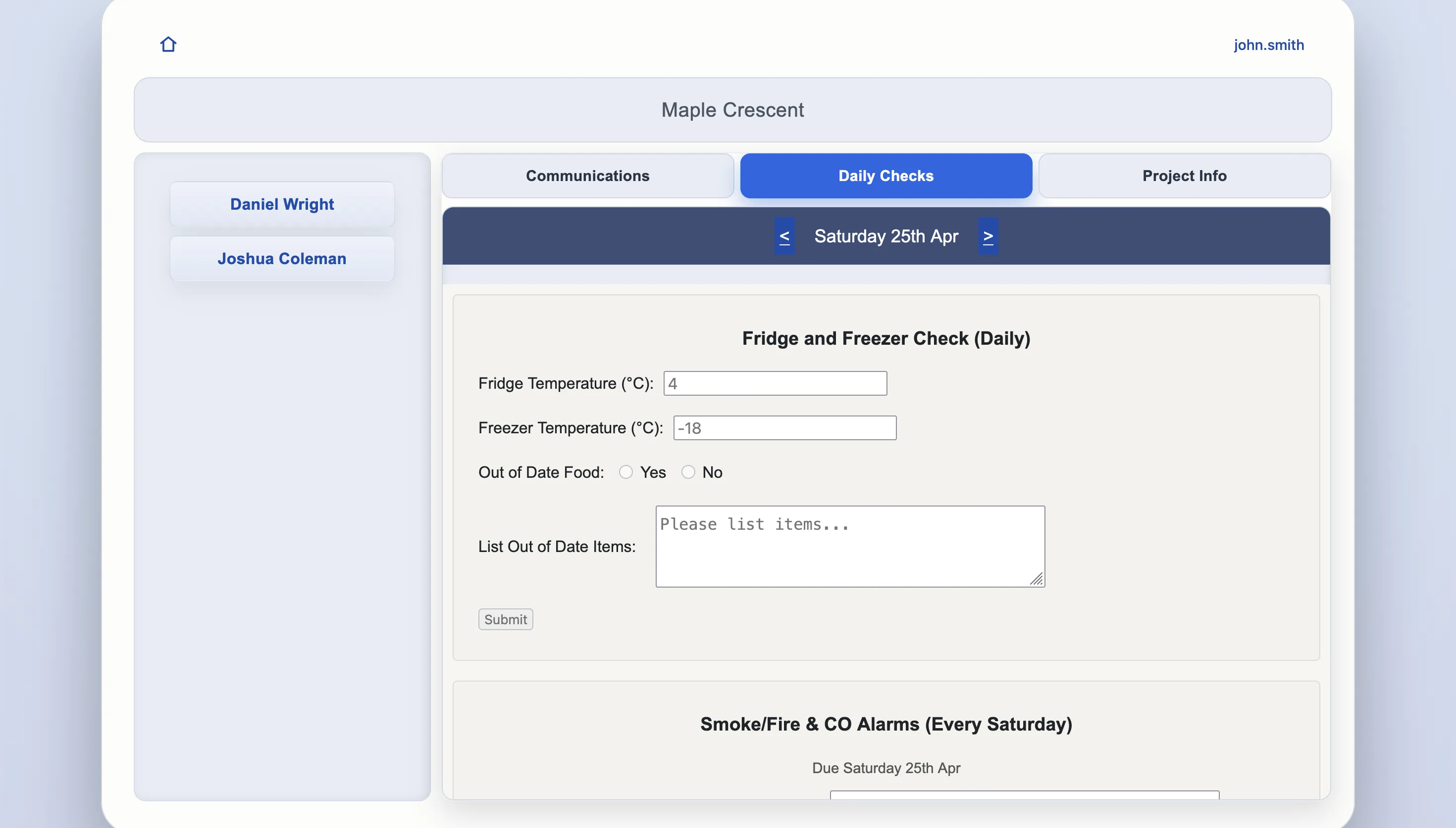 Daily checks screen showing routine check form