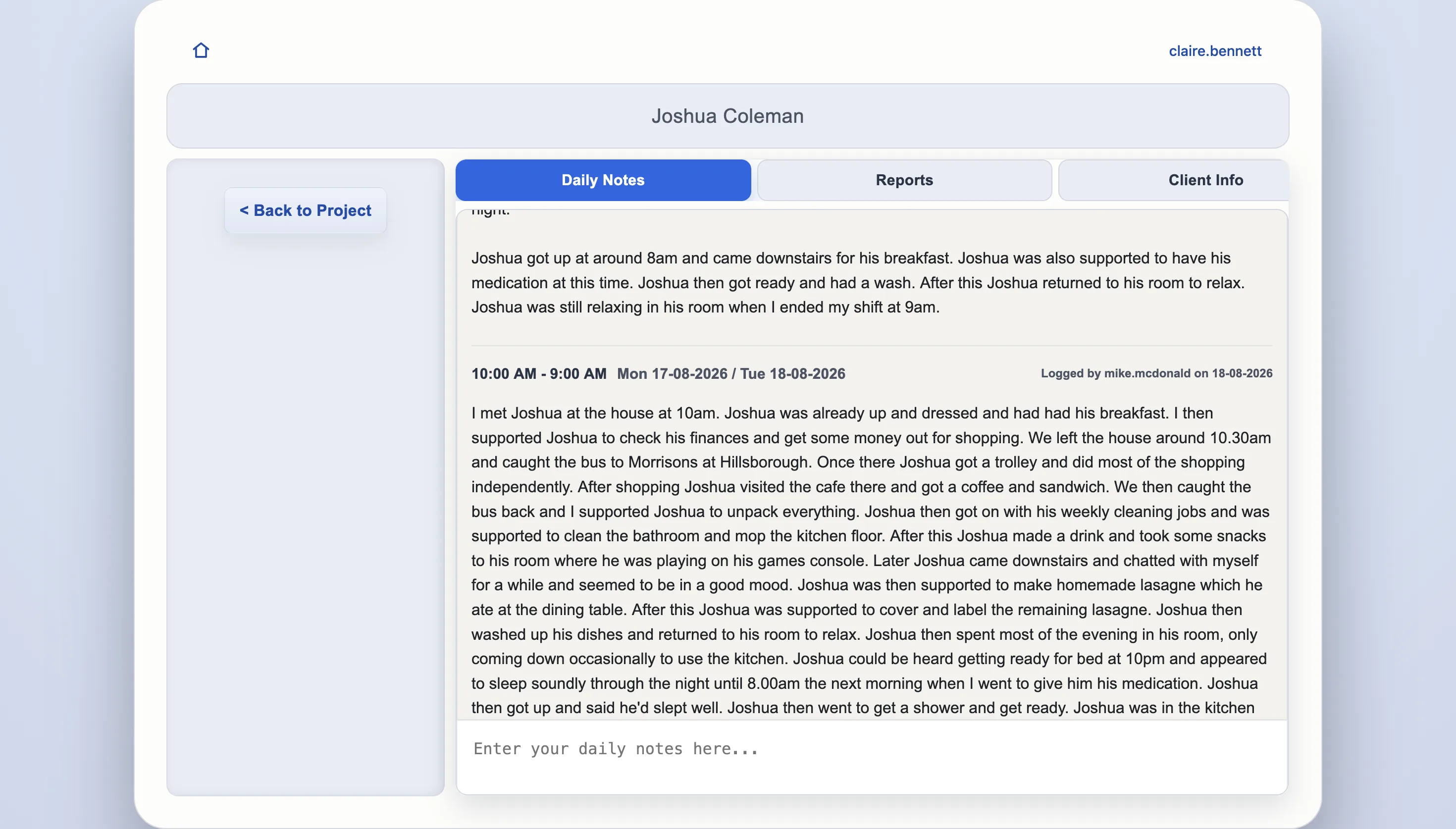 Daily notes screen with note entry area