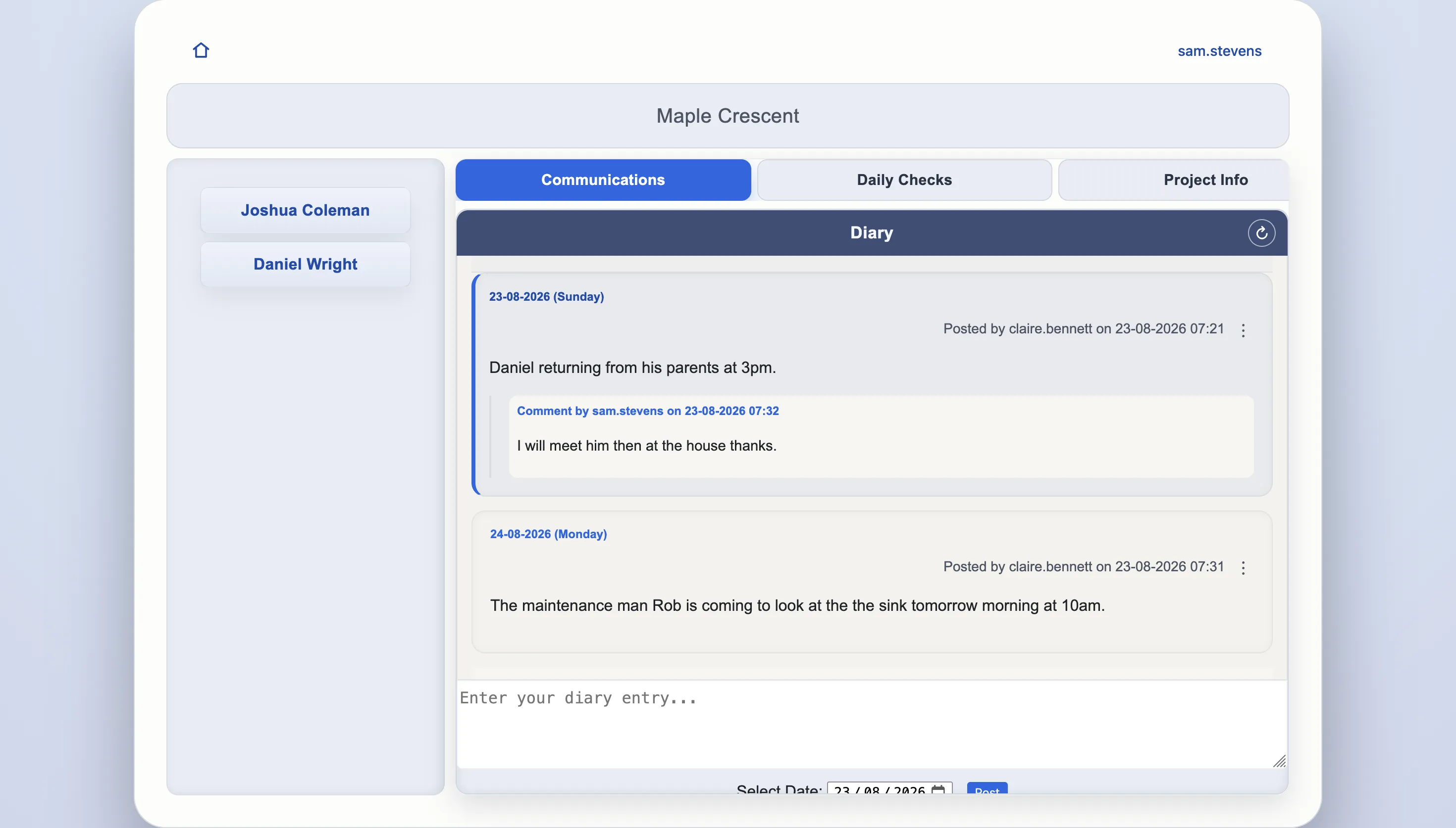Outreach client workspace with daily records and navigation
