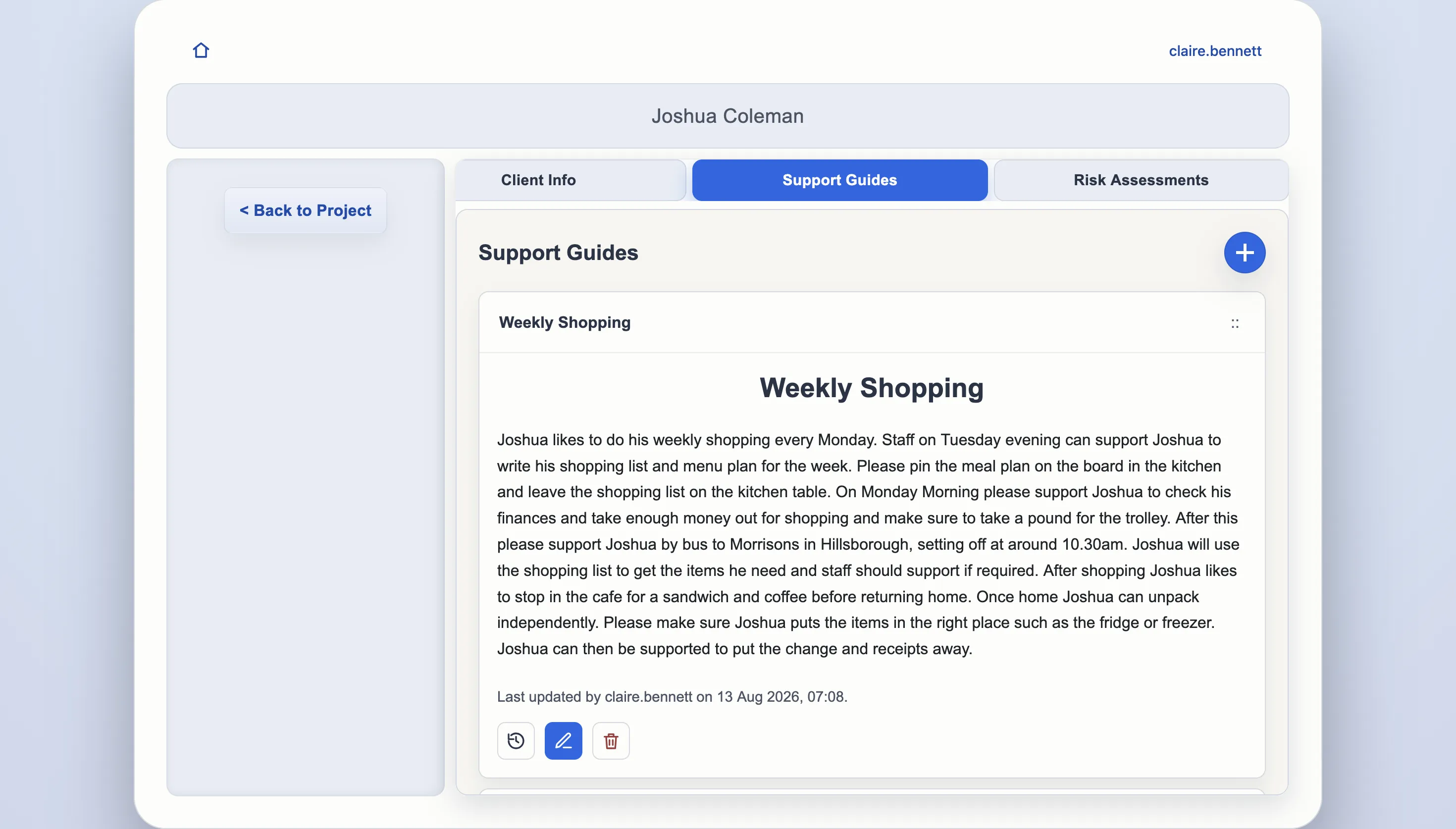 Support guides screen showing editable support documents